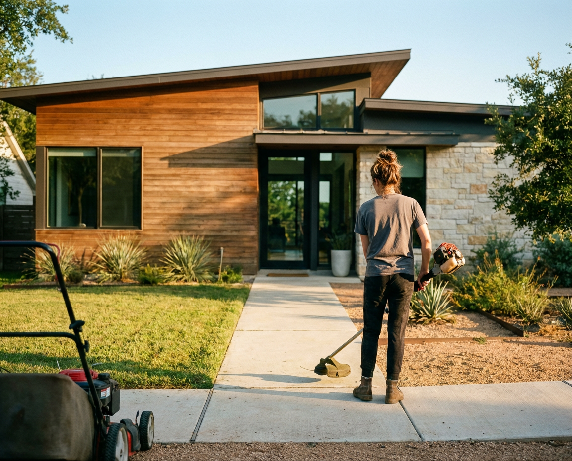 Person with yard trimmer edging walkway to a house.
