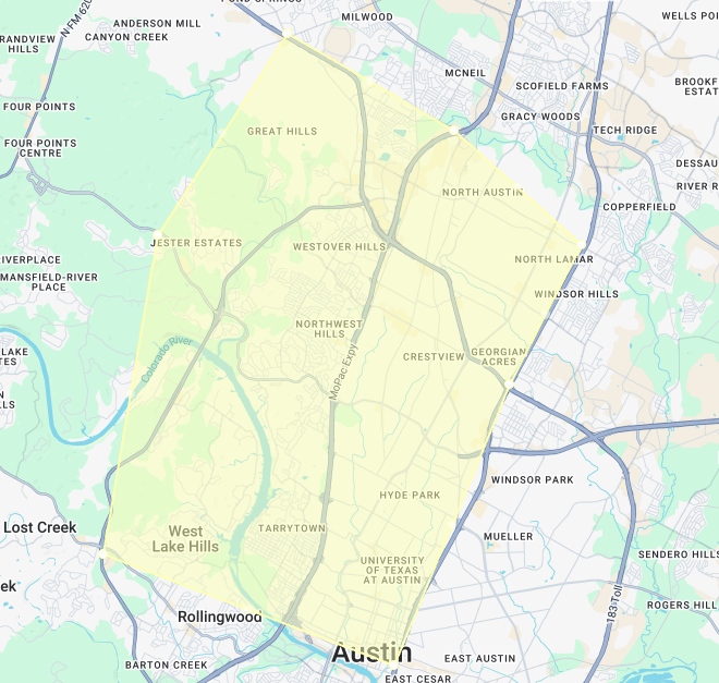 Map of Austin highlighting central, west and northwest neighborhoods