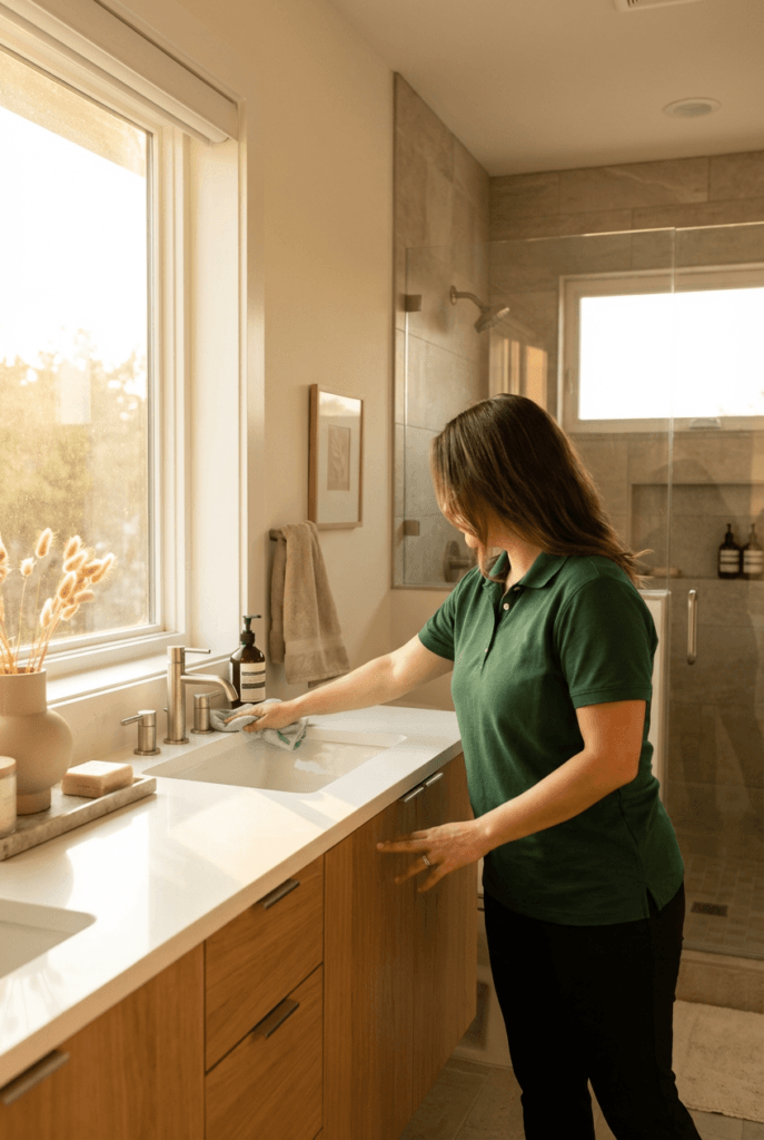 Professional Airbnb turnover cleaning Austin — spotless bathroom prepared by Humdinger ATX